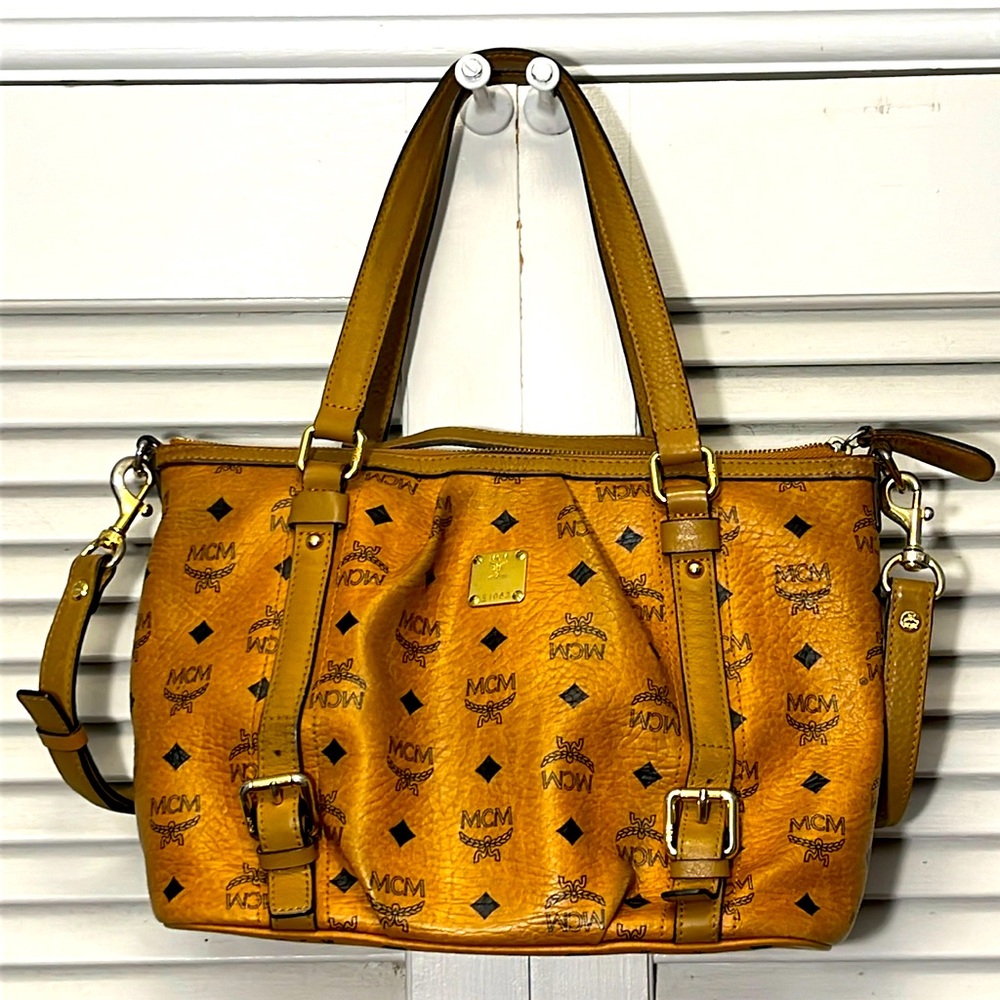 MCM Visetos Cognac Shoulder Crossbody and Satchel. Detachable Strap